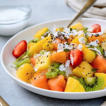 Fresh tropical fruit salad with mango, kiwi, pineapple, papaya, strawberries, coconut flakes, and chia seeds served on a white plate. Healthy breakfast or dessert.