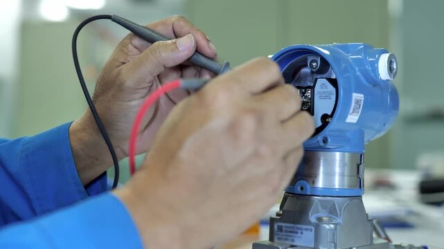 Industrial instrumentation technician checking transmitter electrical signals with a multimeter for troubleshooting and equipment testing.