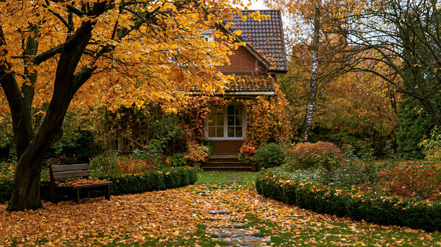 Charming brick house nestled in an autumn garden, a wooden bench under a tree, and a path covered in golden fall leaves