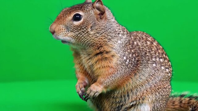 Cute little brown squirrel standing upright and looking around intently against vibrant green background