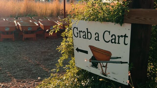 Child walks out of frame to the left beside a sign and parked wheelbarrows.