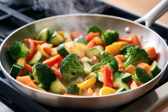 Colorful fresh vegetables, including broccoli, bell peppers, and zucchini, being saut&eacute;ed in a frying pan. Healthy vegan meal preparation in the kitchen.