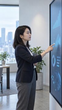 Young asian businesswoman touching interactive wall display with charts, graphs in modern office with city view