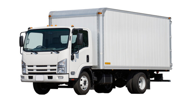 White box truck with metal cargo container, isolated on transparent background