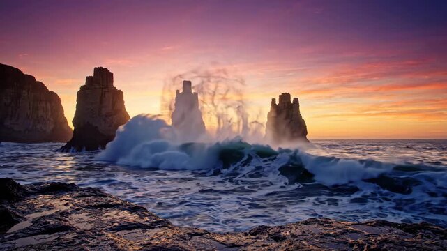 Dramatic ocean wave crashes against rugged sea stacks at a vibrant sunset.