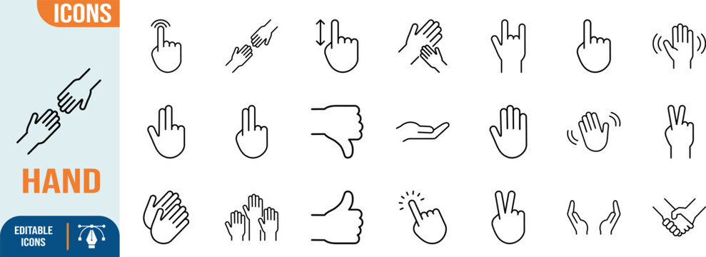 Human hand gestures vector icons. thumbsup icon set, tap icon set, handshake icon set