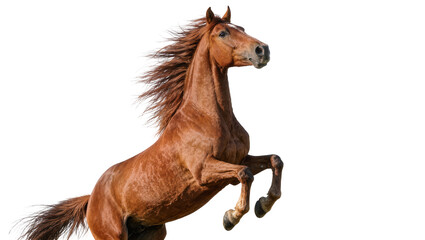 Majestic brown horse rearing up mane flowing, isolated on transparent background © Iura