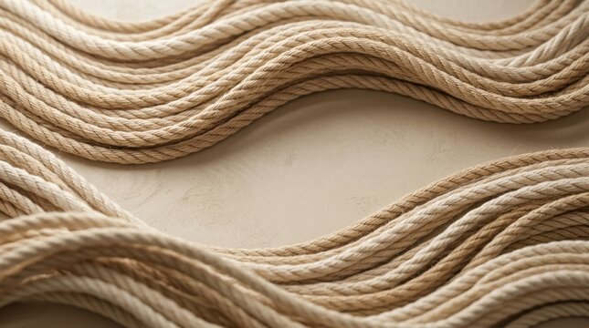 Abstract background featuring flowing wavy lines of natural beige rope arranged in a decorative pattern on a neutral surface