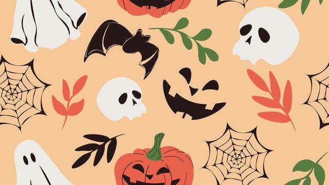 Halloween animated pattern featuring ghosts, jack o lanterns, skulls, and cobwebs scrolling diagonally on a light orange background. Perfect for festive backgrounds, party invitation, and celebration.