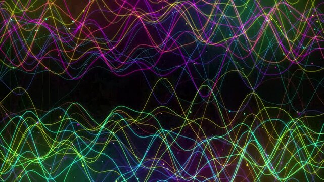 Abstract digital background with glowing neon wavy lines and particles, futuristic sound wave visualization concept