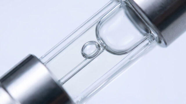 Glass thermometer with trapped air bubble and metal end caps against pale background, abstract scientific image suggesting neutrino detector