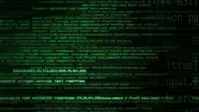 Abstract digital data stream with glowing green code and matrix style motion background
