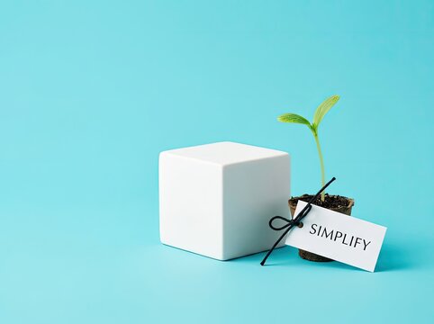 Green plant seedling beside white cube with simplify tag suitable for minimal strategy marketing symbolizing pure growth and simple clarity
