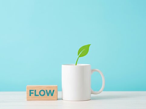 White mug sprouting green leaf next to wooden block with word flow ideal for wellness designs symbolizing steady energy growth and state of flow