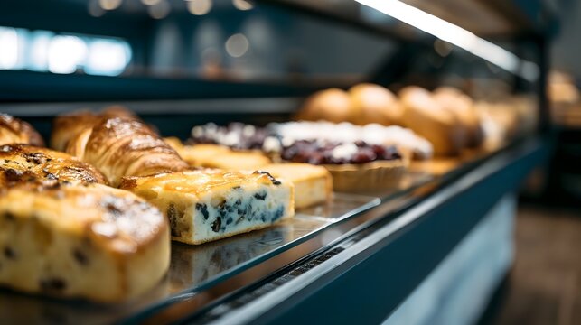A glass display case showcases an array of freshly baked pastries including croissants  tarts  and fruit filled treats under warm lighting
