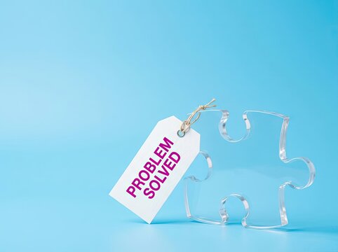 Clear puzzle piece with a problem solved tag on blue backdrop ideal for business media symbolizing successful resolution clarity and strategy