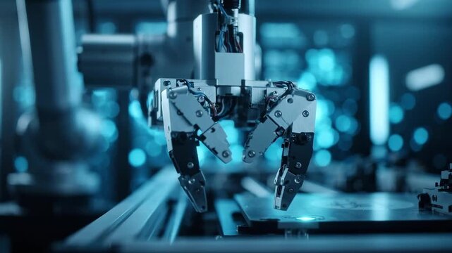 Robotic gripper moves above a precision manufacturing line. Conveyor belts glide below the arm. Industrial automation and robotics. Smart factory technology.