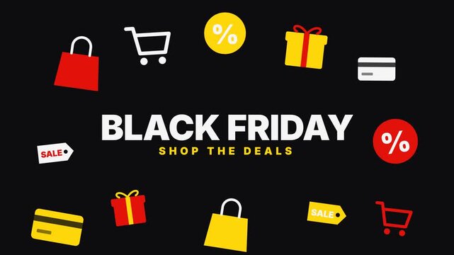 Black Friday title with floating shopping icons: bags, carts, gift boxes, credit cards, percent badges and sale tags in red, yellow and white on black. Seamless 4K loop.