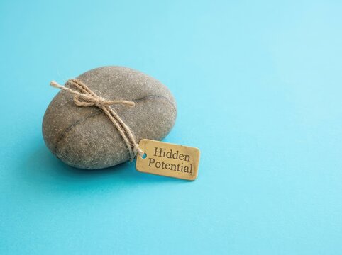 Smooth stone tied with string tag reading Hidden Potential on blue backdrop suitable for business growth media symbolizing inner strength and value