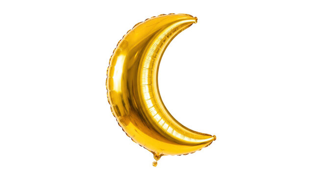 Golden crescent balloon &mdash; Photorealistic golden crescent moon foil balloon, smooth metallic surface with inflated seams and brilliant reflective highlights; front three-quarter view, razor-sharp