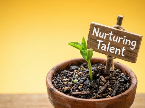 Green plant sprout in pot with wooden sign reading Nurturing Talent ideal for corporate growth content symbolizing skill development and potential