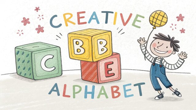 Smiling Boy with Colorful Blocks Promoting Creative Alphabet Learning