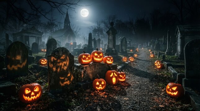 A Spooky Graveyard Scene with Glowing Jack O Lantern Pumpkins Under the Full Moon in a Night Forest.