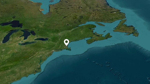 High altitude satellite map zoom of Boston Massachusetts showing harbor coastline and location marker pin