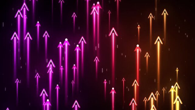 Abstract background with glowing neon arrows pointing upwards, representing growth, success, and upward movement