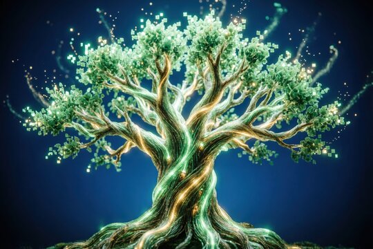 Un &aacute;rbol majestuoso cuyo tronco y ramas est&aacute;n formados por l&iacute;neas de fibra &oacute;ptica resplandecientes, con hojas que se transforman en p&iacute;xeles flotantes y diminutas part&iacute;culas de luz que ascienden a la d