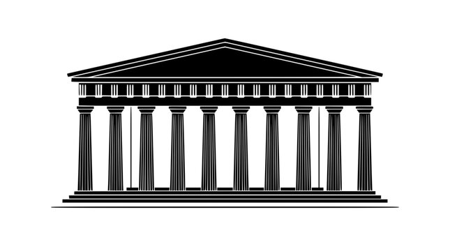Ancient Greek Temple Facade with Columns, Black and White Illustration