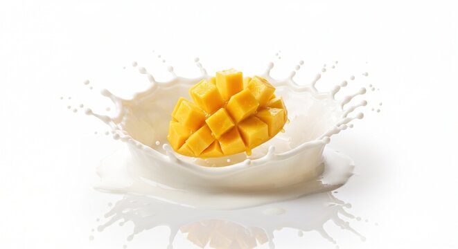 Fresh mango cubes falling into a splash of creamy milk isolated on white
