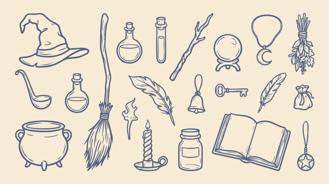 Halloween Witchcraft Tools and Magic Potion Hand Drawn Vector Set