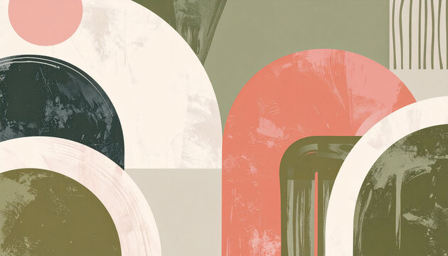 Minimalist Japandi abstract composition with olive green, dusty pink, muted coral, cream and charcoal. Organic circles, arches, curved lines and imperfect geometric shapes, soft watercolor washes