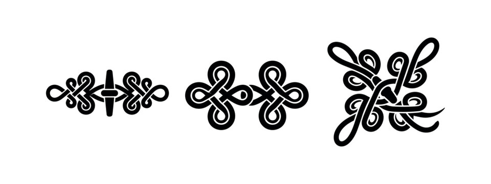 Decorative knot closure icons. Ornamental frog fastener vector set for ethnic clothing and traditional design.