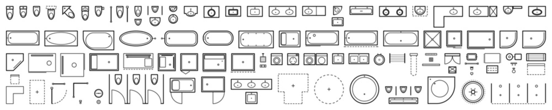 102 bathroom furniture top view CAD symbols for architecture and architectural floor plan layout, interior design, vector toilets, sinks and urinals