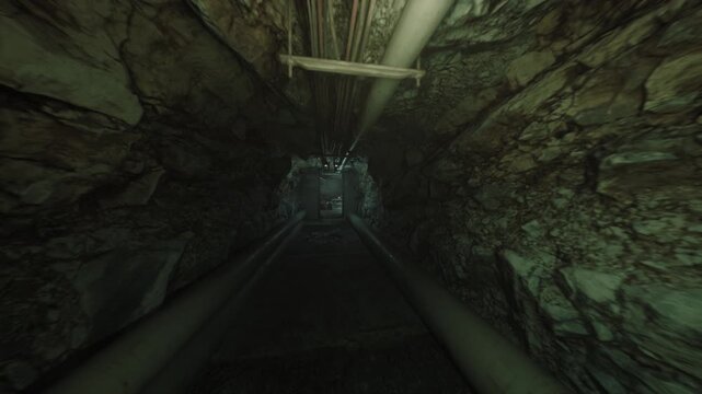 symmetrical subterranean passage leading toward distant exit glow, twin conduit lines frame perspective, wet gravel floor and mossy rock walls, sense of secrecy