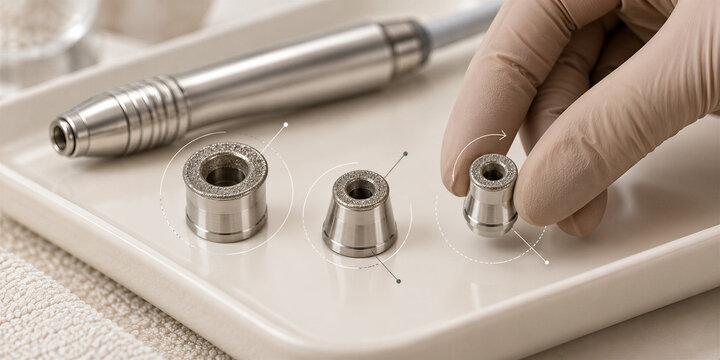 Gloved hand selecting interchangeable metal tip for cosmetology device on salon tray. Cosmetic skin treatment equipment and precision applicators. Beauty care and skincare technology.