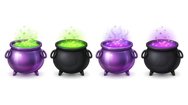 Four witch cauldrons with bubbling green and purple potions magic halloween des