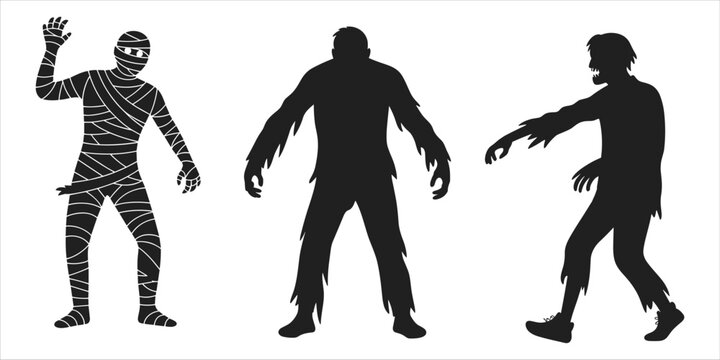 Halloween monster silhouettes including a mummy and two zombies on a white background vector illustration