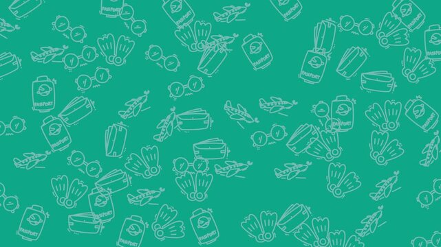 Teal Travel Doodle Pattern Animation with Hand Drawn Airplanes, Passports, Suitcases, Sunglasses and Travel Accessories, Seamless Outline Illustration on a Turquoise Background for Vacation
