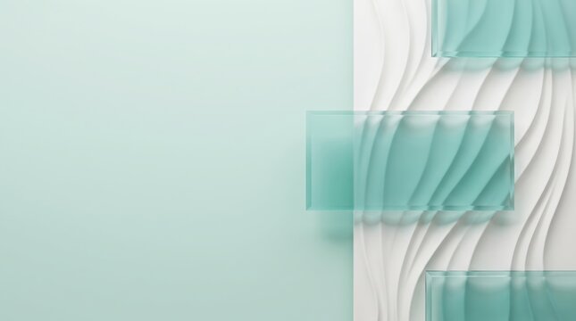 Abstract composition with mint green background, white wavy 3d wall panels, and translucent glass rectangles for a modern minimalist product display