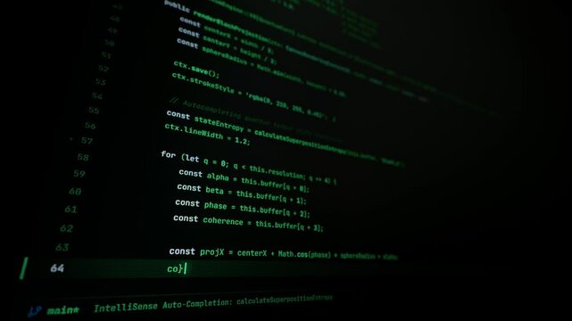 Luminous green programming syntax scrolls across a dark computer monitor during automated development. The high-contrast terminal offers sharp visual fidelity for modern cyber sequences.