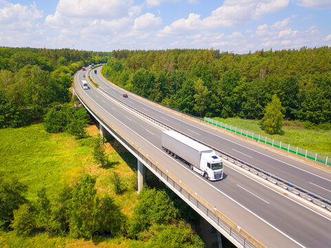 Aerial view of a highway bridge over the valley. D5 highway from Nuremberg to Prague in Czech republic, European union.