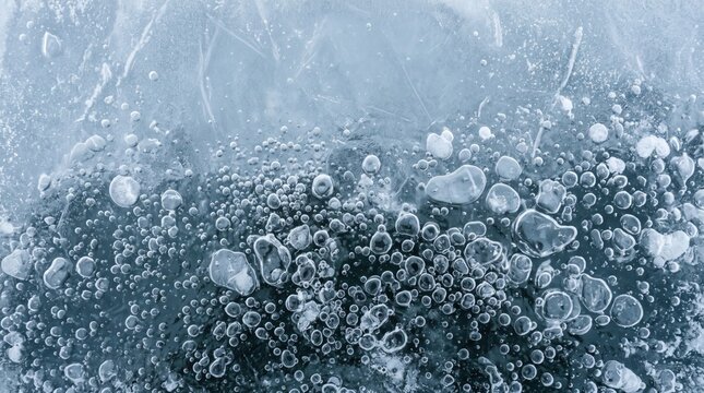 Closeup of frozen lake ice with trapped air bubbles and intricate cracks creating a natural abstract texture in shades of blue and white
