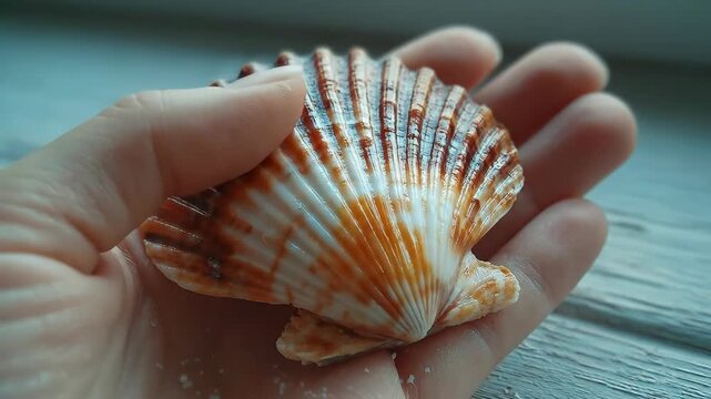 A beautiful orange and white scallop seashell held gently in a hand.