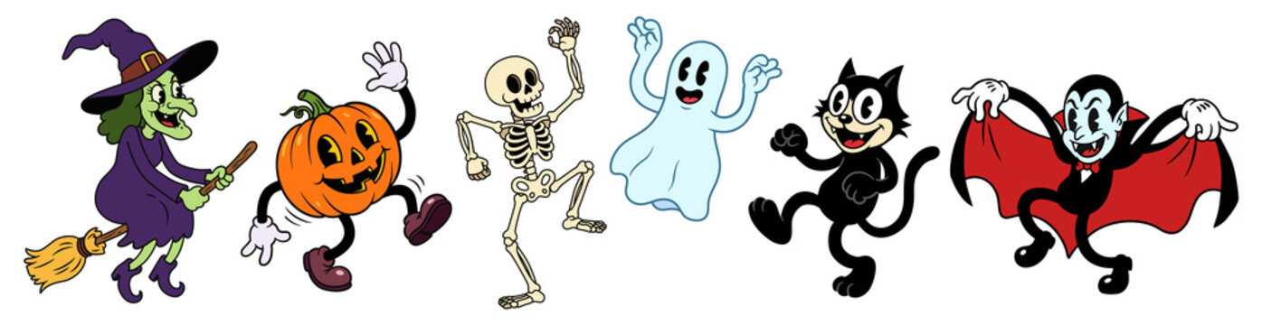 Retro cartoon Halloween characters set. Vintage 1930s Rubber Hose style illustrations of dancing spooky characters.