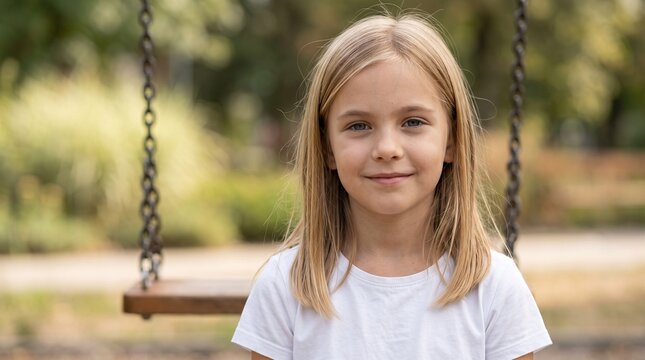 Adorable Young Blonde Girl Smiling Gently on a Playground Swing Set