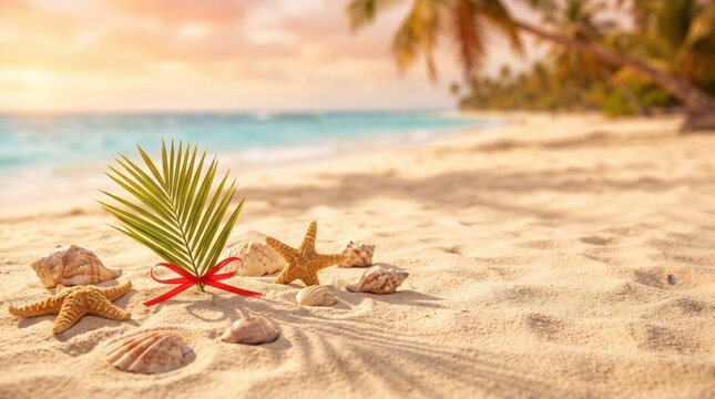 Tropical beach scene with a green palm leaf tied with a red ribbon, surrounded by starfish and seashells on golden sand at sunset