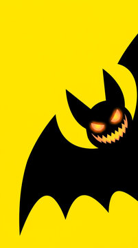 Creative cartoon bat with glowing orange eyes and fangs against vibrant yellow background